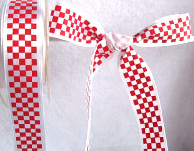 R2289 25mm White Satin Ribbon with a Red Chequered Print - Ribbonmoon