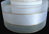 R2307 50mm White Sheer and Satin Ribbon with thin Gold Stripes - Ribbonmoon