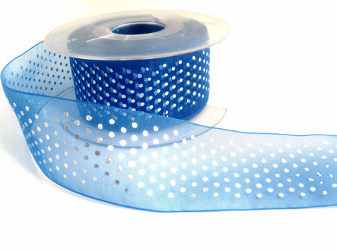 R2328 39mm Royal Blue Sheer Ribbon, Metallic Silver Polka Dot Print