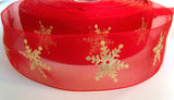 R2334 38mm Red Sheer Ribbon with a Metallic Gold Snowflake Print - Ribbonmoon