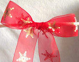 R2334 38mm Red Sheer Ribbon with a Metallic Gold Snowflake Print - Ribbonmoon