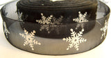 R2335 37mm Black Sheer Ribbon with a Metallic Silver Snowflake Print - Ribbonmoon