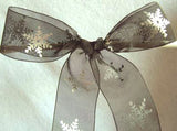 R2335 37mm Black Sheer Ribbon with a Metallic Silver Snowflake Print - Ribbonmoon