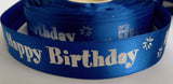 R2337 23mm Royal Blue Satin Ribbon with a "Happy Birthday" Metallic Print - Ribbonmoon