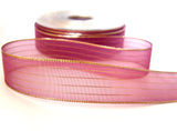 R2457 25mm Pale Wine Sheer Ribbon with Thin Metallic Gold Stripes