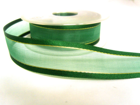 R2460 25mm Hunter Green Sheer Ribbon with Satin Borders and Thin Gold Stripes