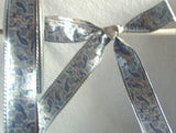 R2468 25mm Metallic Silver Lurex Ribbon with a Navy Printed Design - Ribbonmoon