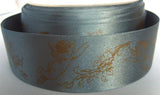 R2296 34mm Moonlight Blue Satin Ribbon with a Bronze "Cherub" Print