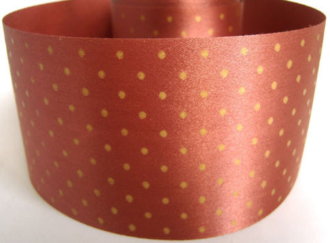 R2526 67mm Dusky Pink and Gold Polka Dot Print Satin Ribbon by Berisfords - Ribbonmoon