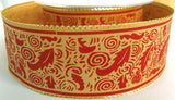 R2599 40mm Metallic Gold Lurex Ribbon with a Red Printed Design - Ribbonmoon