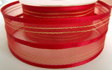 R1098 44mm Red Sheer, Satin and Metallic Gold Striped Ribbon