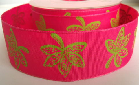 R2710 38mm Shocking Pink Ribbon with a Lime Green Leaf Design - Ribbonmoon