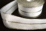 R2718 40mm White Satin and Metallic Silver Shot and Striped Ribbon - Ribbonmoon