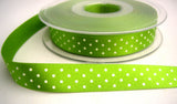 R2731 15mm Meadow Green and White Polka Dot Print Satin Ribbon by Berisfords - Ribbonmoon