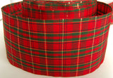 R1675 67mm Red and Green Tartan Ribbon with Thin Metallic Gold Stripes