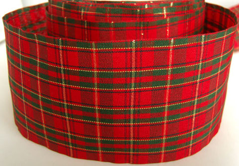 R1675 67mm Red and Green Tartan Ribbon with Thin Metallic Gold Stripes