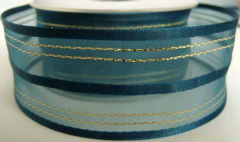 R2759 42mm Royal Navy Sheer, Satin and Thin Gold Striped Ribbon - Ribbonmoon