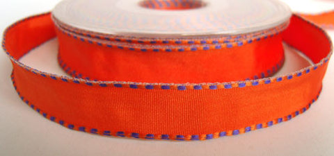 R2833 16mm Orange Polyester Ribbon with Purple Blue Banded Borders - Ribbonmoon