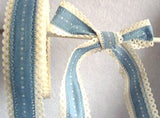 R3203 32mm Denim Blue Cotton Ribbon with Cream Linen Lace Borders - Ribbonmoon