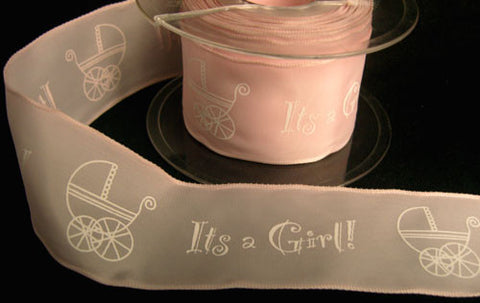 R2993 43mm Pale Pink and White "Its a Girl" Printed Taffeta Ribbon, Wire Edged