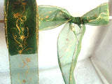 R3299 42mm Hunter Green Sheer Ribbon with a Metallic Gold Print - Ribbonmoon