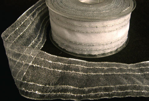 R3306 40mm Sheer Ribbon with Thin Metallic Silver Stripes - Ribbonmoon