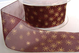 R2999 43mm Burgundy Sheer Ribbon with a Metallic Gold Star Print