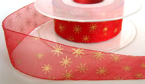 R2992 26mm Red Sheer Ribbon with a Metallic Gold Star Print