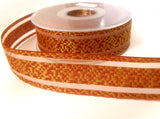 R3321 27mm Rust and Metallic Gold Woven Ribbon with Sheer Stripes