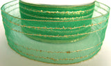 R3325 40mm Green Sheer Ribbon with Thin Metallic Gold Stripes - Ribbonmoon