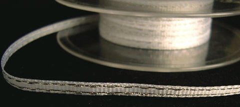 R3335 4mm Polyester Grosgrain Ribbon with Thin Metallic Silver Stripes - Ribbonmoon