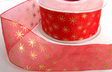 R3336 42mm Red Sheer Ribbon with a Metallic Gold Star Print - Ribbonmoon