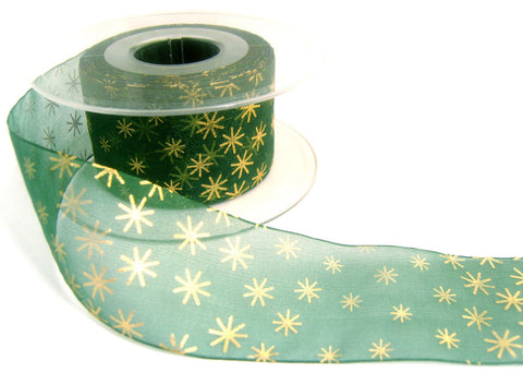 R3345 42mm Hunter Green Sheer Ribbon with a Metallic Gold Star Print