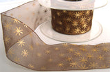 R1603 42mm Brown Sheer Ribbon with a Metallic Gold Star Print