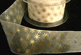 R2263 40mm Bridal White Sheer Ribbon with a Metallic Gold Star Print