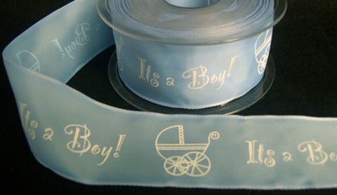 R1876 40mm Baby Blue Taffeta Ribbon. "It's a Boy" and Pram Print Design
