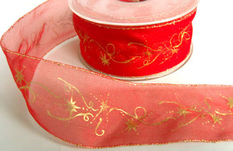R3372 43mm Red Sheer with a Metallic Gold Print - Ribbonmoon