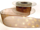 R3404 27mm Brown Sheer Ribbon with a Metallic Gold Star Print