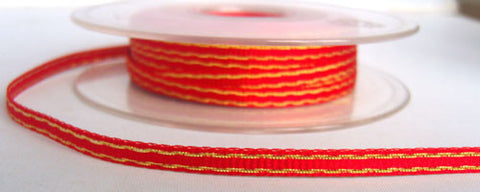 R3413 5mm Red Grosgrain Ribbon with Thin Metallic Gold Stripes