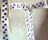 R3828 13mm White Satin with a Pale Navy Polka Dot Print - Ribbonmoon