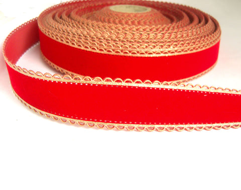 R3896 33mm Bright Red,Plastic Backed Velveteen Ribbon,Metallic Gold Borders