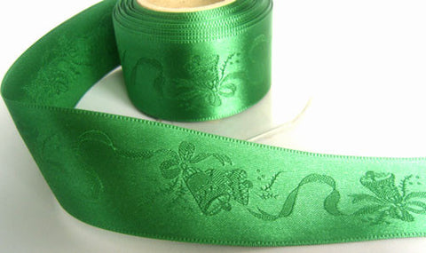 R3928 35mm Tonal Green Woven Jacquard Wedding Bell Design Satin Ribbon - Ribbonmoon