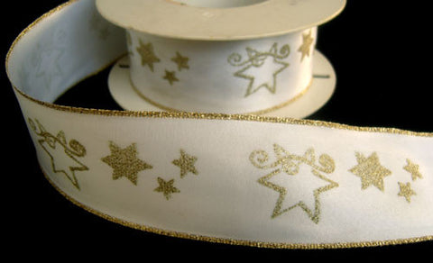 R4063 41mm White Satin Ribbon with a Metallic Gold Design - Ribbonmoon