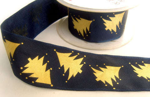 R4097 40mm Navy Ribbon with a Metallic Gold Christmas Tree Print - Ribbonmoon