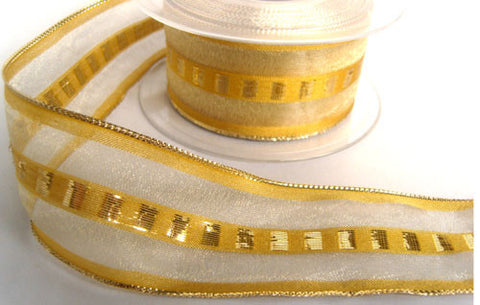 R4234 42mm Honey Gold Sheer Ribbon with a Metallic Weave and Edges - Ribbonmoon
