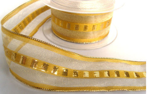 R4234 42mm Honey Gold Sheer Ribbon with a Metallic Weave and Edges - Ribbonmoon