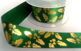 R4241 36mm Hunter Green Satin Ribbon with a Metallic Gold Holly Print - Ribbonmoon