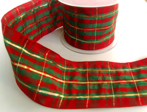 R4258 73mm Red and Green Tartan Ribbon with Thin Metallic Stripes - Ribbonmoon