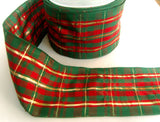 R4259 74mm Green and Red Tartan Ribbon with Thin Metallic Stripes - Ribbonmoon