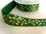 R4262 26mm Hunter Green Satin Ribbon with a Metallic Gold Holly Print - Ribbonmoon